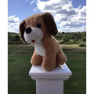 Vintage Brown Tan Orange Puppy Dog Plush Felt Tongue Pom Pom Nose 9 Hard Eyes 8"